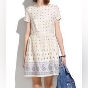 Madewell Cream & Blue Nomad Paisley Short Sleeve Baby Doll Mini Dress